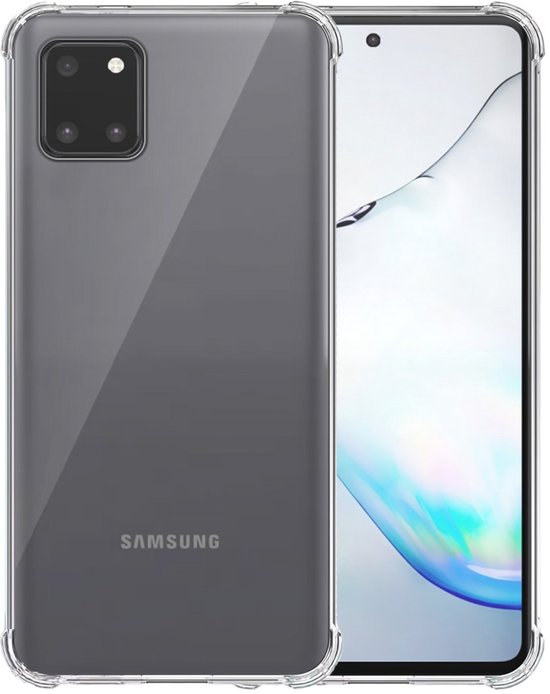 Voor- en achterkant van een Samsung telefoon in een transparante hoes.