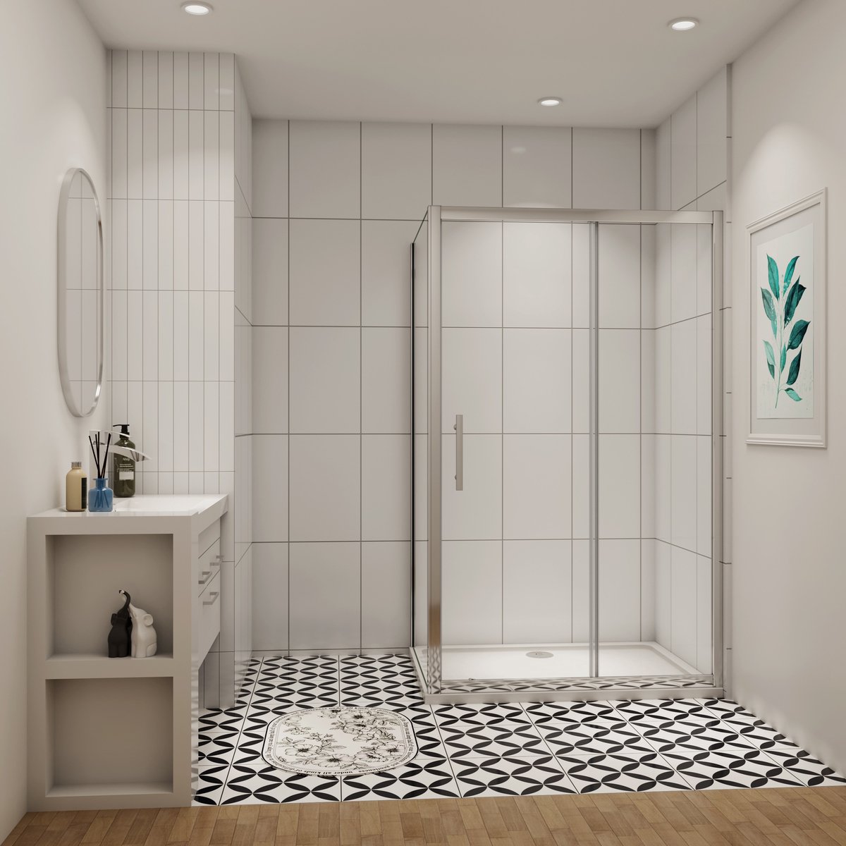 Douchecabine B:70xD:76xH:195cm, draaideur met zijpanelen, 6 mm transparant, gemakkelijk te reinigen gehard glas, met 90cm stabilisatiestang (kan worden ingekort), profiel van glanzend chroom.