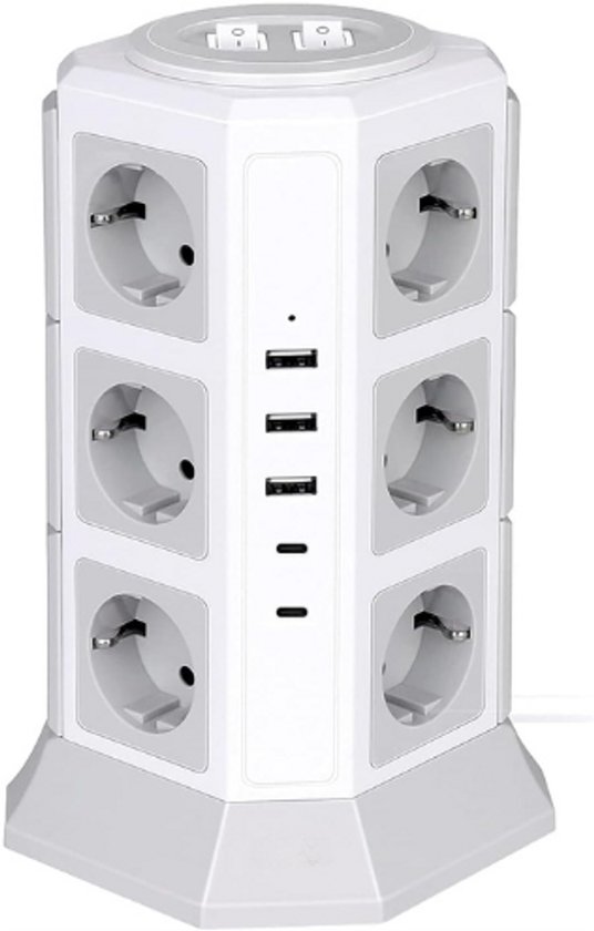 BEVA Toren Elektrische met 8 Stopcontacten en 2 USB C 2 USB A, Meerdere Stopcontacten 3680W/16A met 2 Schakelaars voor Home Office Overspanningsbeveiliging, 2M Snoer