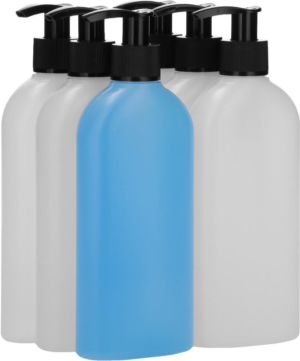 6 x 250 ml Platte fles HDPE naturel + Zeepfles Dispenserpomp zwart - BPA Vrij - Niet Breekbaar - Plastic Flesjes Navulbaar - Met Dop - Lege Flessen - 6 stuks.