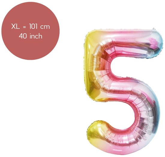 Fienosa Regenboog kleuren Cijfer 5 Ballon 101 CM - Nummer en getal - Leeftijd 5 - XL Groot - Helium Ballon- Verjaardag Ballon - Verjaardag versiering - Verjaardag Decoratie - Leeftijd verjaardag - Verjaardagsballon - Verjaardag