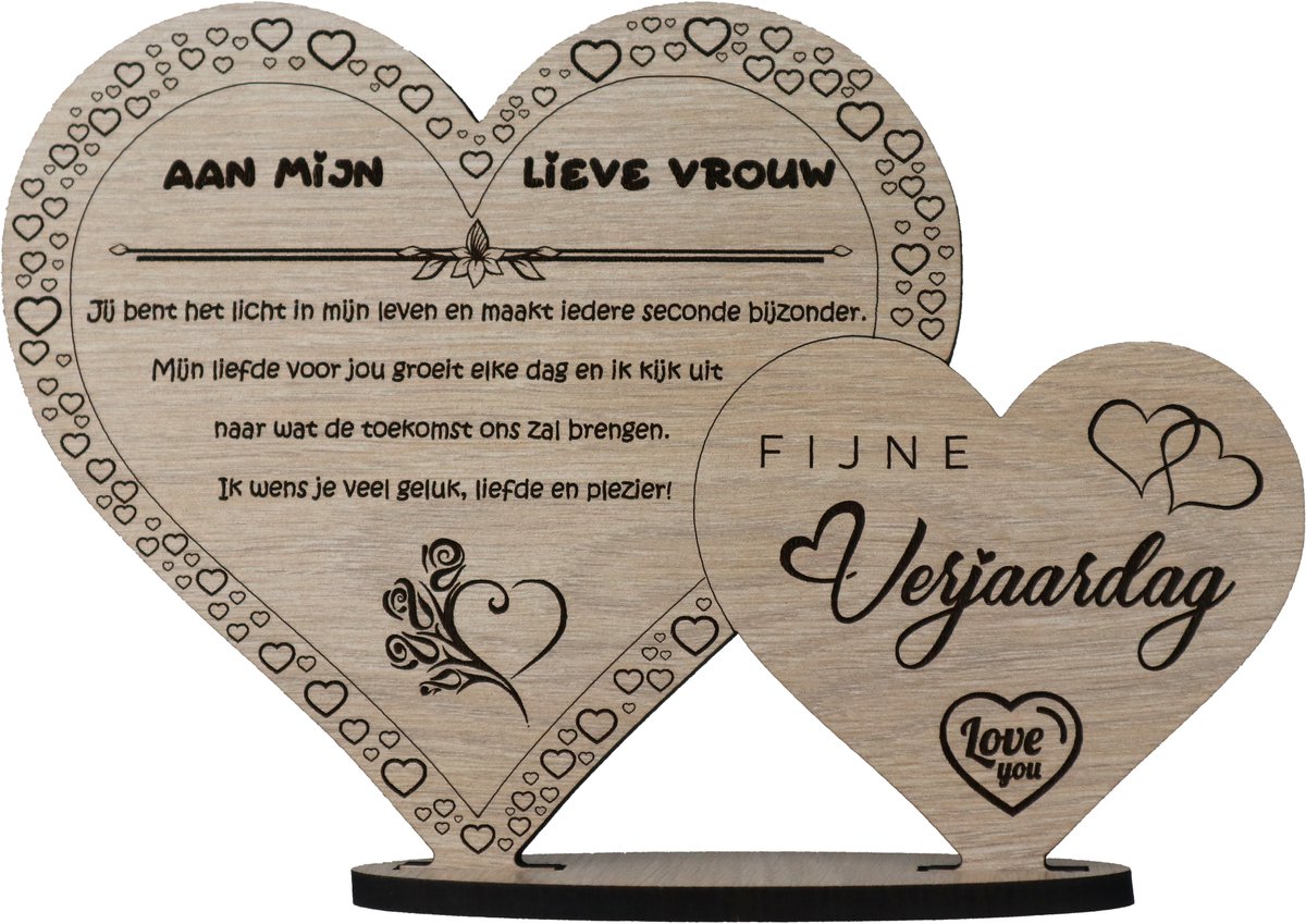 Hartjes echtgenote - houten wenskaart verjaardag - kaart van hout - verjaardagskaart - gefeliciteerd vrouw - 17.5 x 25 cm