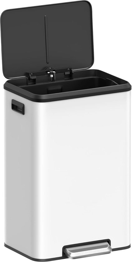 SONGMICS Vuilnisemmer keuken, 40 liter afvalemmer met deksel, pedaalbak, softclose, openhoudfunctie, breed pedaal, wit LTB541W4002