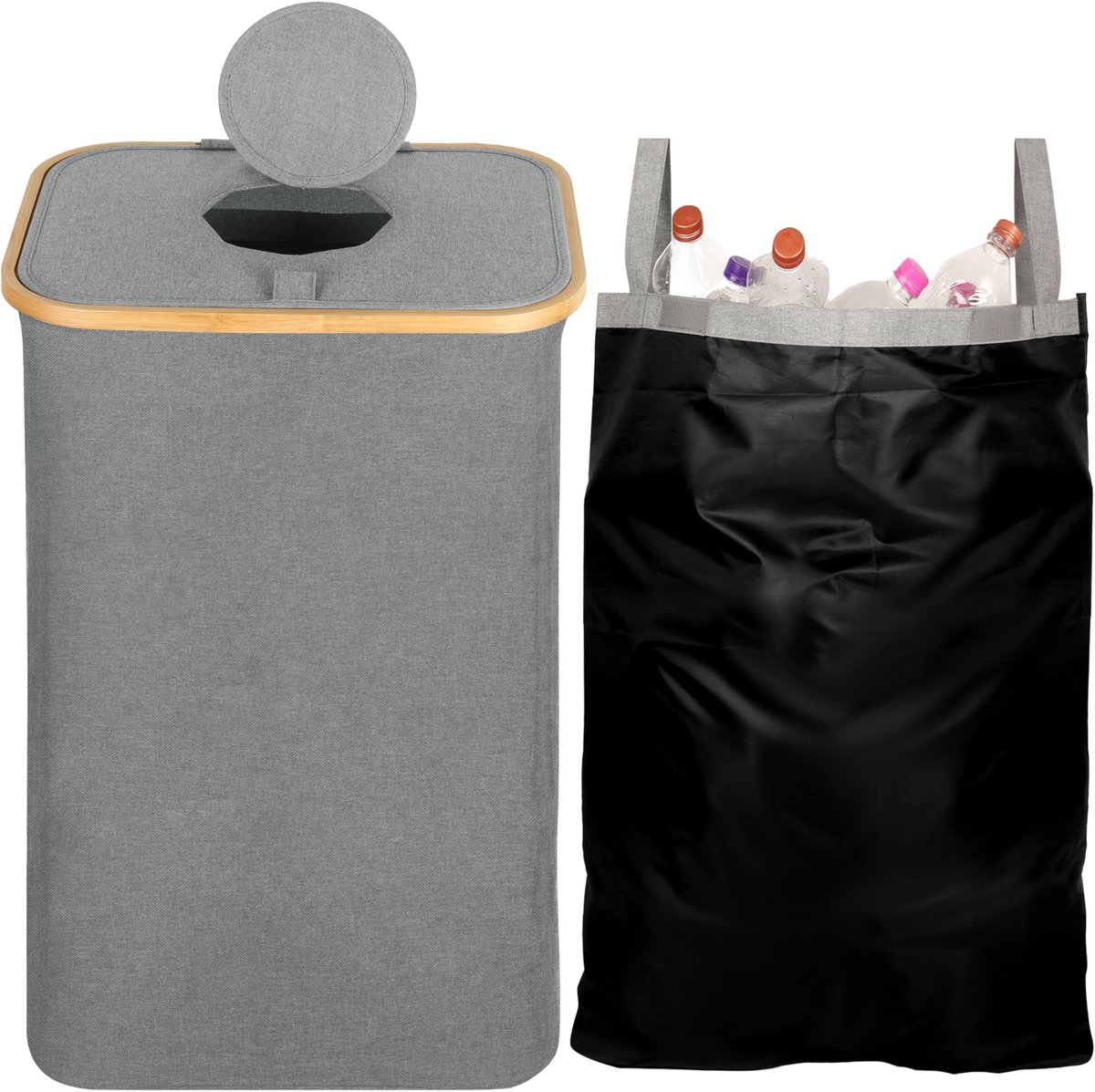 Goedkoopste Belle Vous statiegeld container met deksel en draagtas - 80L keuken flessenbak - Voor lege flessen en glas - Ook te gebruiken als wasmand