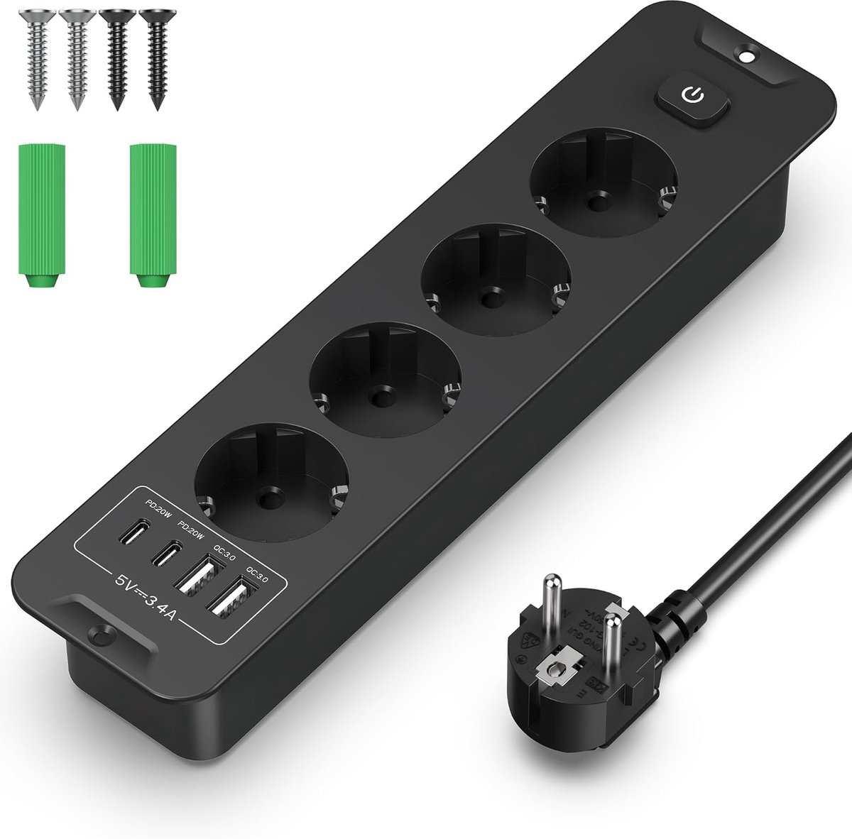 Tafelblad verzonken stopcontact met QC3.0 2 USB-A en PD-20W 2 USB-C, 4-voudig inbouwstopcontact, meervoudige stekkerdoos voor tafels en meubels, 2 meter kabel, zwart