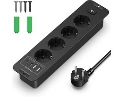 Tafelblad verzonken stopcontact met QC3.0 2 USB-A en PD-20W 2 USB-C, 4-voudig inbouwstopcontact, meervoudige stekkerdoos voor tafels en meubels, 2 meter kabel, zwart