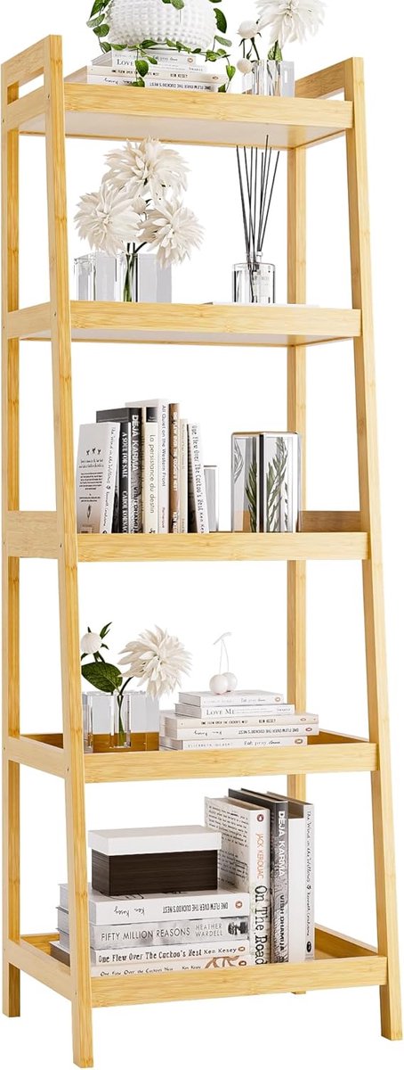 5-Tier Ladder Boekenkast van Bamboe - Vrijstaande Plank voor Woonkamer, Keuken, en Slaapkamer