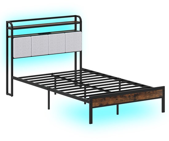 COSTWAY Tweepersoonsbed met ledverlichting, laadstation en 4 laden, opbergbed met hoofdeinde en lattenbodem, industrieel bed, metalen bed, bedframe 200 x 140 cm