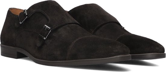 Donkerbruine suède monk strap schoenen met dubbele gespen, detail van de neus.