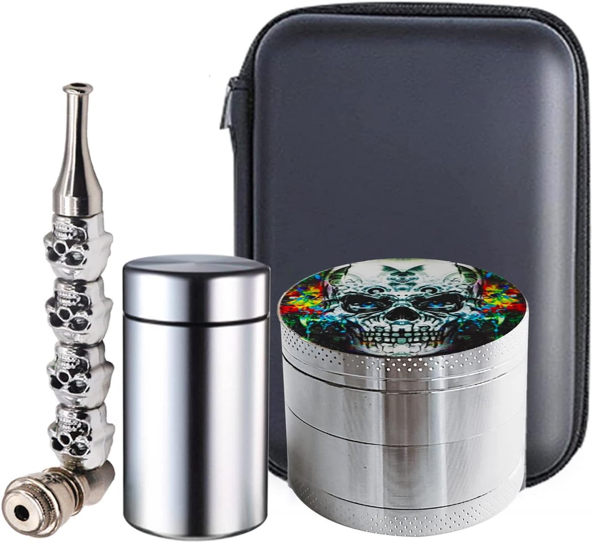 4-delige kruidenmolen set met doodshoofd patroon en stash jar - Perfect voor kruiden en specerijen