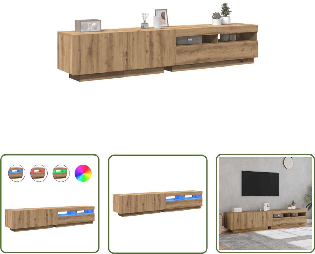 vidaXL Led Tv Stand - Tv Meubel - Tv-meubel met LED 200x35x40 cm bewerkt hout artisanaal eiken - Media Kast - Houten Tv Tafel - Salontafel