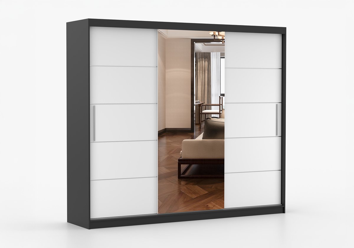 AJE Meubles B.V. Schuifdeurkast ELBA I met Spiegel – 3-deurs kledingkast, legplanken en kledingroede – modern design – 250x218x61 cm - ELBA I (Zwart + Wit)