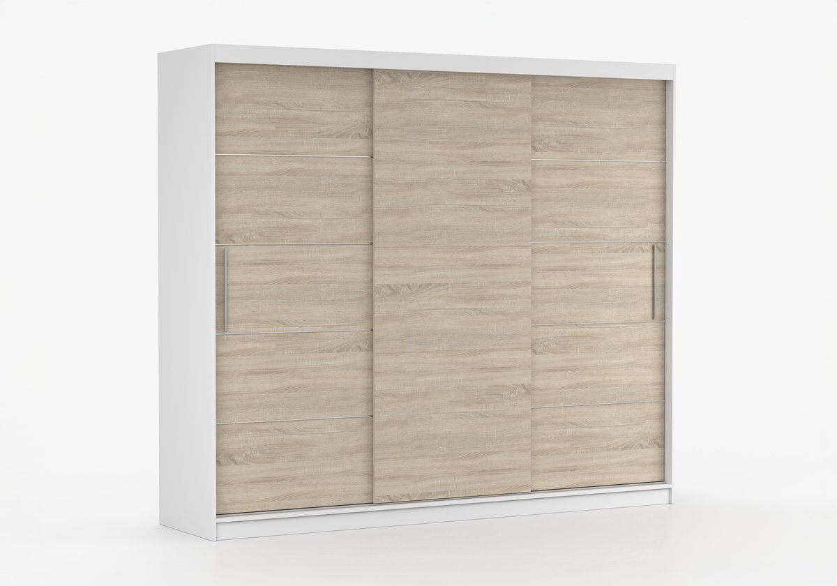 Schuifdeurkast ELBA II – 3-deurs kledingkast, legplanken en kledingroede – modern design – 250x218x61 cm - ELBA II (Wit + Sonoma)