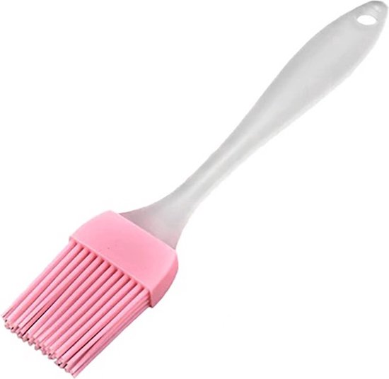Roze siliconen bakkwast met een doorzichtig handvat.