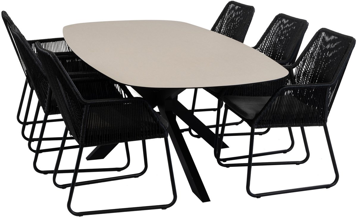 7-delige tuinset | 6 Mona tuinstoelen (Black) | Tuintafel Malaga 240x115cm (Black)