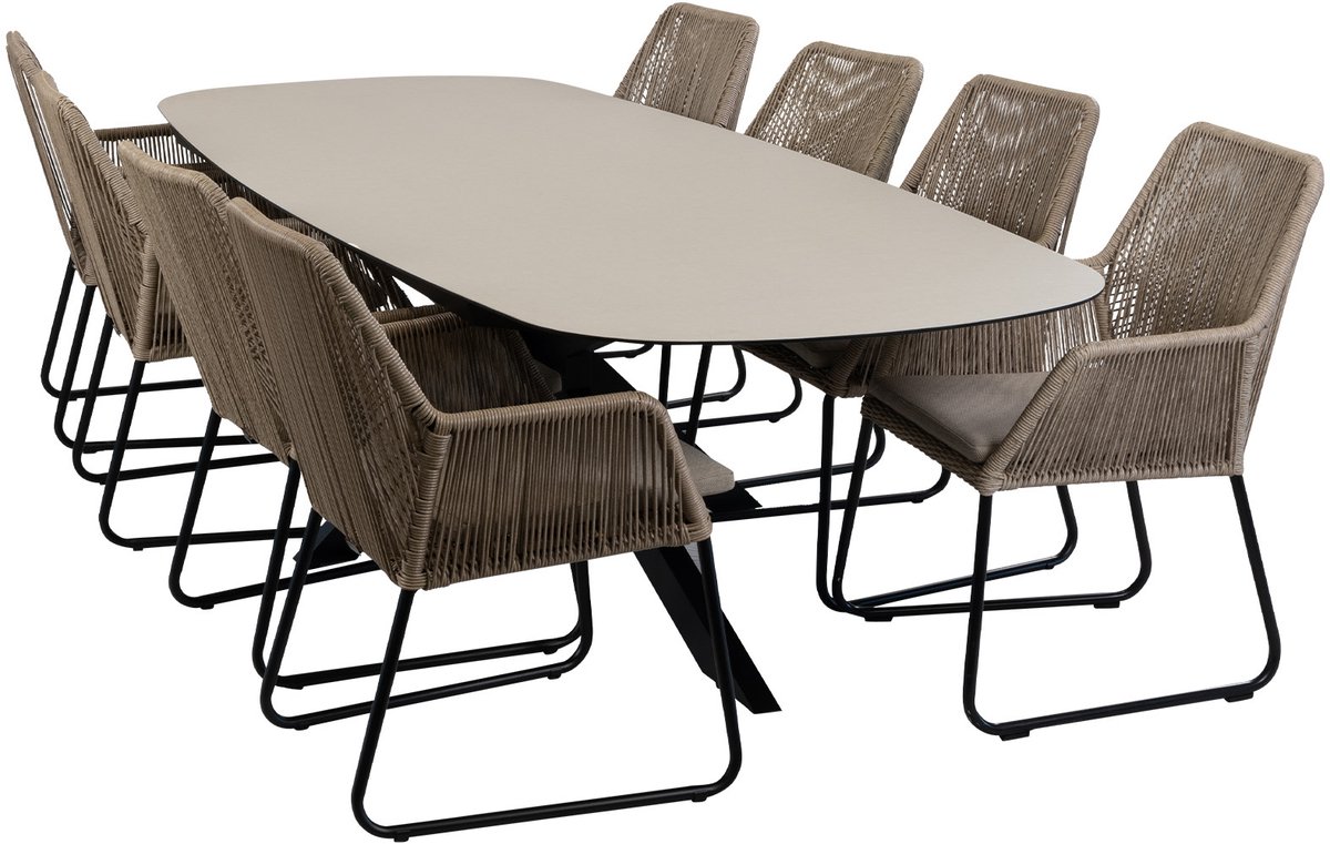 Tuinset met 8 Mona tuinstoelen in zandkleur en Malaga tuintafel in zwart.