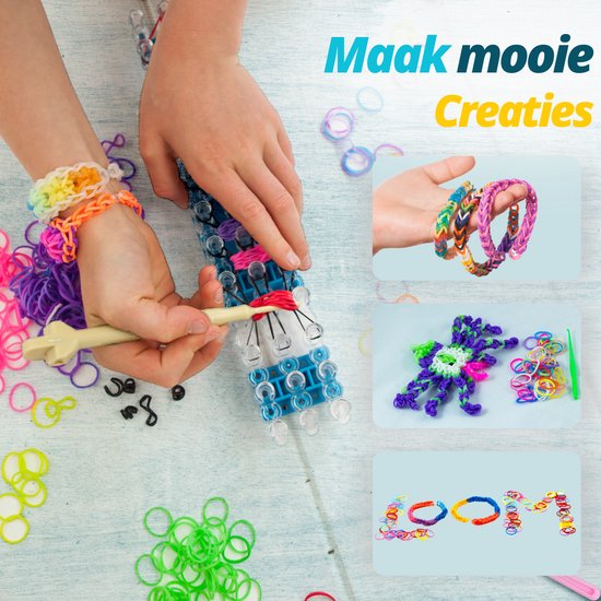 Kinderhanden maken armbandjes met loom, loombandjes in veel kleuren, en gemaakte creaties zoals een beestje.