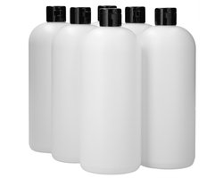 6 x 1000 ml ronde fles HDPE wit + Klepdop Zwart - BPA Vrij - Niet Breekbaar - Plastic Flesjes Navulbaar - Met Dop - Lege Flessen - 6 stuks.