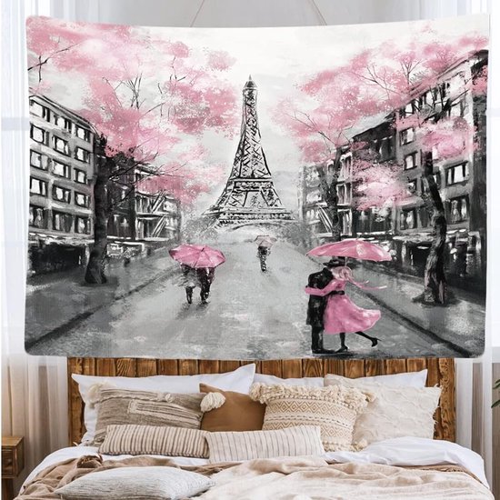Ulticool - Paris Tour Eiffel Zwart Wit Rose Vintage Blossom - Tapisserie - 200x150 cm - Groot tapisserie - Affiche