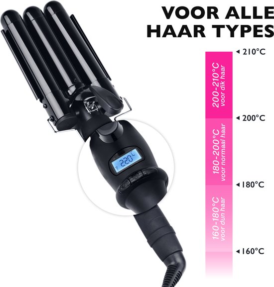Zwarte 3-staps wafeltang met LCD-display, toont temperatuurinstellingen voor dun, normaal en dik haar.