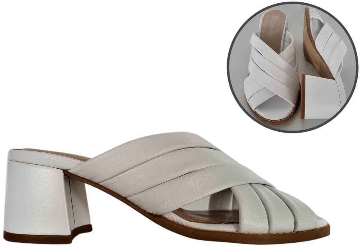 Stravers- Luxe Slipper met Dubbele Kruisband en Blokhakje Dames Maat 43 Grote Maten Muiltje Wit