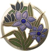 Behave® Broche rond goud kleur met bloemen paars blauw - emaille sierspeld -  sjaalspeld  3,4 cm