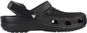 Zwarte Crocs klomp met hengsel op de hak en witte stiksels. Rubberen zool.