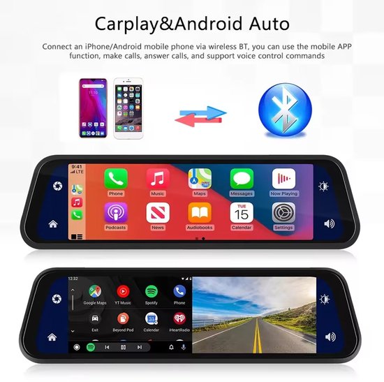 Achteruitkijkspiegel - Ingebouwde Dashcam - Carplay & Android Auto - Voor Elk Voertuig - Inclusief Achteruit Camera - Navigatie van Merkloos — afbeelding 3