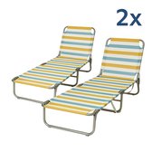 HEM 2x Strandligbed Opvouwbaar – Lichtgewicht Aluminium Ligstoel – Strandbed met Verstelbare Rugleuning 3 standen – Outdoor Ligbed met Streeppatroon – Geel/Blauw/Wit