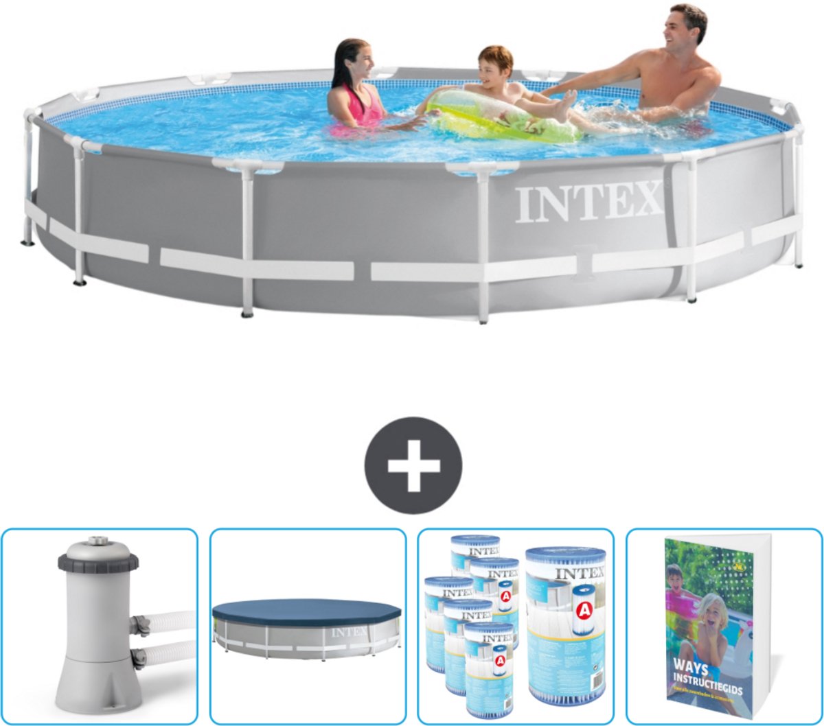 Intex Rond Prism Frame Zwembad - 366 x 76 cm - Grijs - Inclusief Zwembadfilterpomp - Afdekzeil - Filters - Zwembadgids