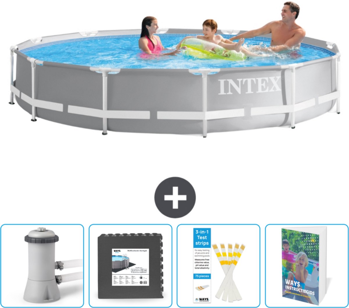 Intex Rond Prism Frame Zwembad - 366 x 76 cm - Grijs - Inclusief Zwembadfilterpomp - Vloertegels - Testrips - Zwembadgids