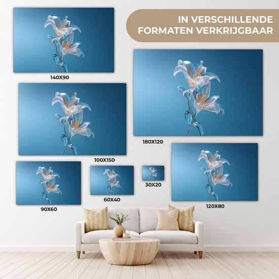 Canvas schilderij 150x100 cm - Exclusieve wanddecoratie Lelies - Blauw - Glazen - Muurdecoratie woonkamer - Slaapkamer decoratie - Kamer accessoires - Schilderijen op canvas