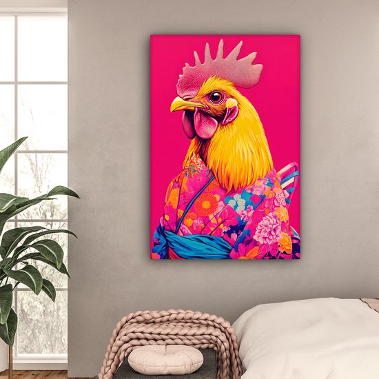 Tableau sur toile 80x120 cm - Décoration murale exclusive Coq - Coloré - Kimono - Rose - Décoration murale salon - Décoration chambre - Accessoires de chambre - Peintures sur toile