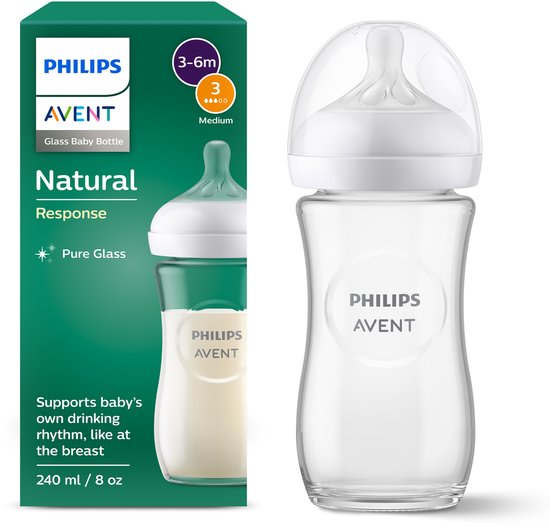 Philips Avent Natural Response Fles Glas 240ml – Flow 3 – BPS vrij- 1 fles - SCY933/01