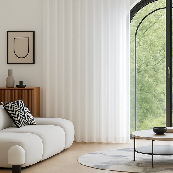 Maroyathome - OLIVIA - Vitrage kant en klaar met haakjes - met plooiband - Helder Wit - Linnen look - 150 x 260 cm - 150 cm breed en 260 cm hoog/lang - inclusief hanglood , schelphaken en embrasse