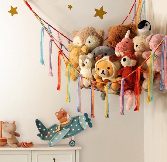 Geweven speelgoedopbergnet - Pluche speelgoedhoekopbergnet - Hoekdriehoek speelgoednet - Perfect voor babykamers en kinderkamers - Regenboogkleuren — afbeelding 5