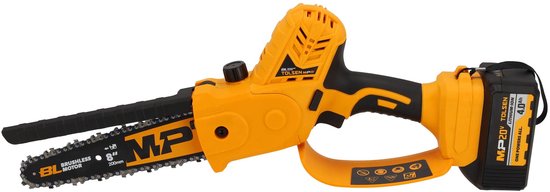 Mini tronçonneuse Tolsen sans balais Industrial - 20 V Li-ion - 400 W - Longueur du guide-chaîne : 200 mm - Vitesse de chaîne : 7,5 m/s - Lubrification automatique de la chaîne - 1 batterie de 4,0 Ah et 1 chargeur rapide inclus
