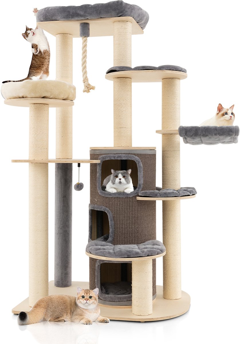 COSTWAY 173 cm krabpaal van hout, grote kattenboom, kattenkrabpaal met kattenmand, matten & bal & hangtouw, activiteitenboom met meerdere verdiepingen, kattenmeubel, klimboom, kattenhuis, grijs
