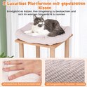 Kattenboom met twee verdiepingen en beige kussens. Een grijs-witte kat ligt bovenop. Close-ups tonen het zachte materiaal van de kussens.