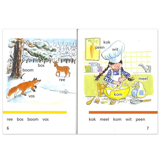 Pagina's 6 en 7 van een kinderboek met illustraties van een vos en ree in de sneeuw, en een meisje dat kookt.