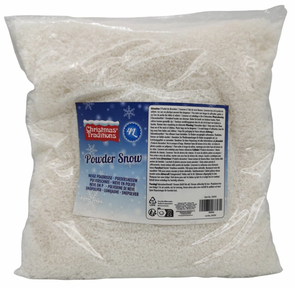 Christmas Traditions Kunstsneeuw - zak 4 liter - wit - biologisch afbreekbaar - poeder sneeuw - nepsneeuw - bio