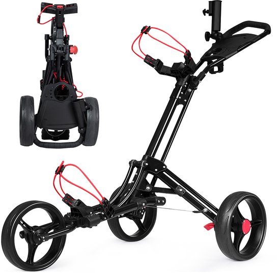 Chariot de golf, chariot de golf, 3 roues, pliable, chariots de golf, kart de golf, en aluminium, avec porte-parapluie et porte-T, noir