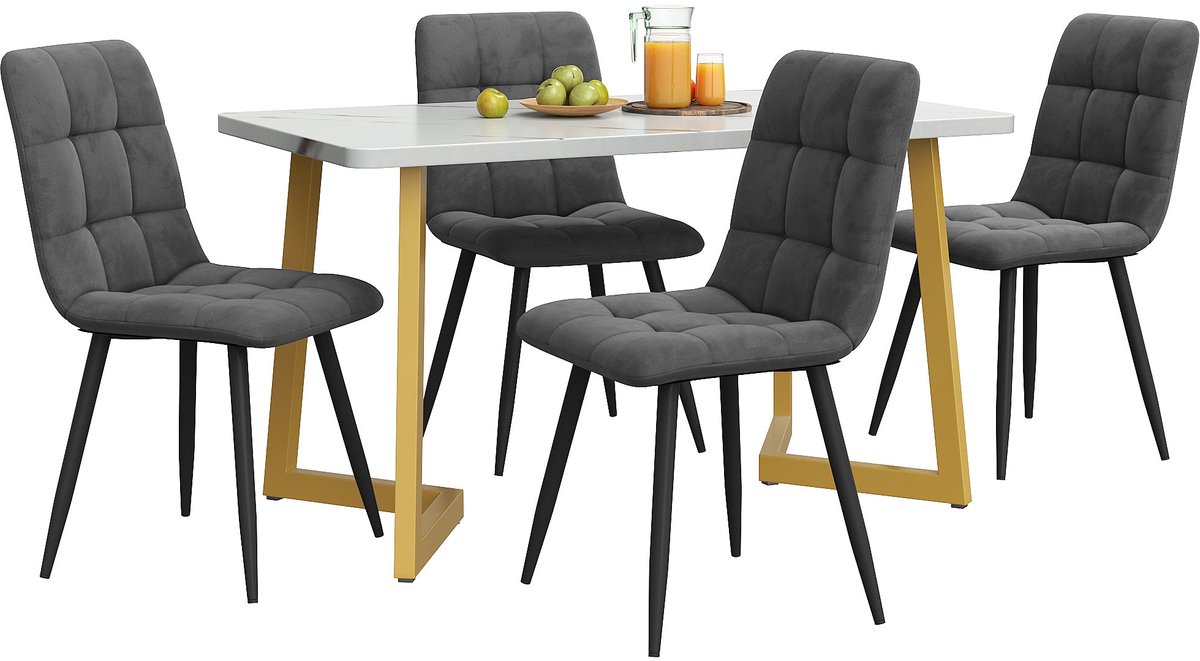Merax Eettafel Set 117 cm – Moderne Eettafel met Wit Marmerlook Tafelblad en Gouden Metalen Poten – 4 Donkergrijze Eetkamerstoelen met Zwarte Poten