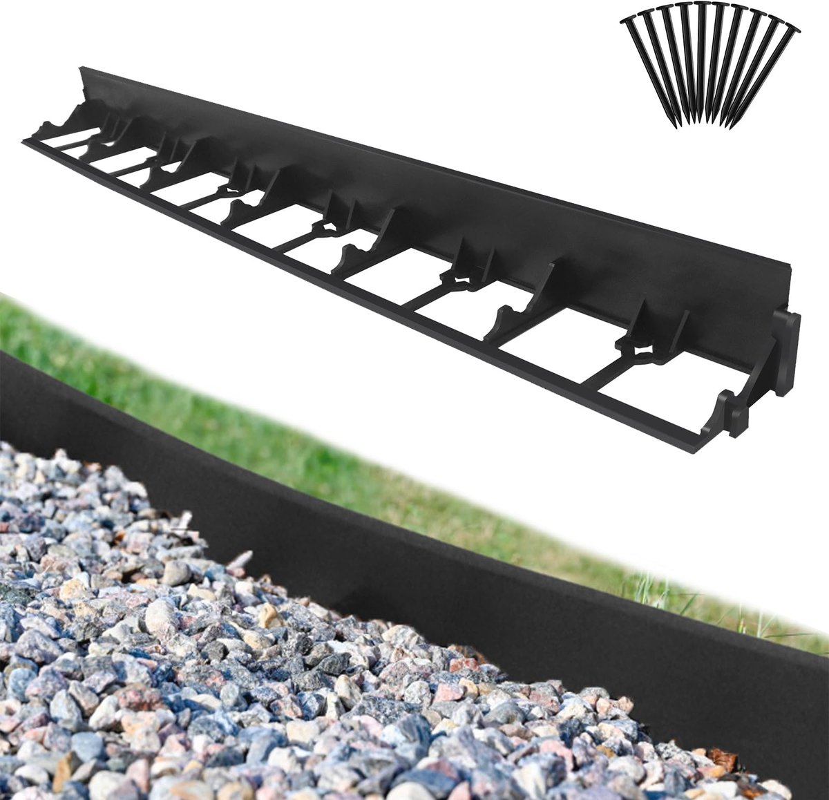NAIZY Gazonrand, 12 m met 50 grondankers, buigbare kunststof bestratingsrand, perkomranding, 7,8 cm hoge maaikante, tuinpalissade voor tuin, gazon, decoratief, zwart (12 stuks/12 m)