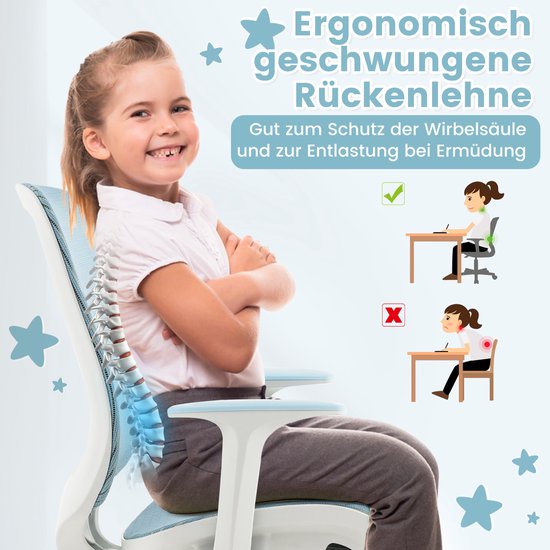 COSTWAY Kinderbureaustoel 360° Draaibaar, In Hoogte Verstelbare Jeugdstoel 80-91,5 cm – Ergonomische Computerstoel met Rugleuning, Armleuningen en 5 Vergrendelbare Wielen – Voor Kinderen 3-10 Jaar