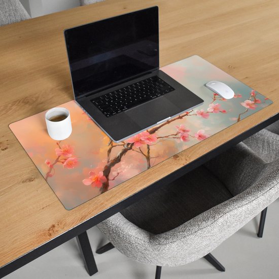 Bureau onderlegger 80x40 cm - Muismat Roodborstjes - Sierlijk - Bloesemtak - Bureaumat - Mousepad XXL - Bureau mat - Muismatten groot - Desk organizer - Bureaulegger