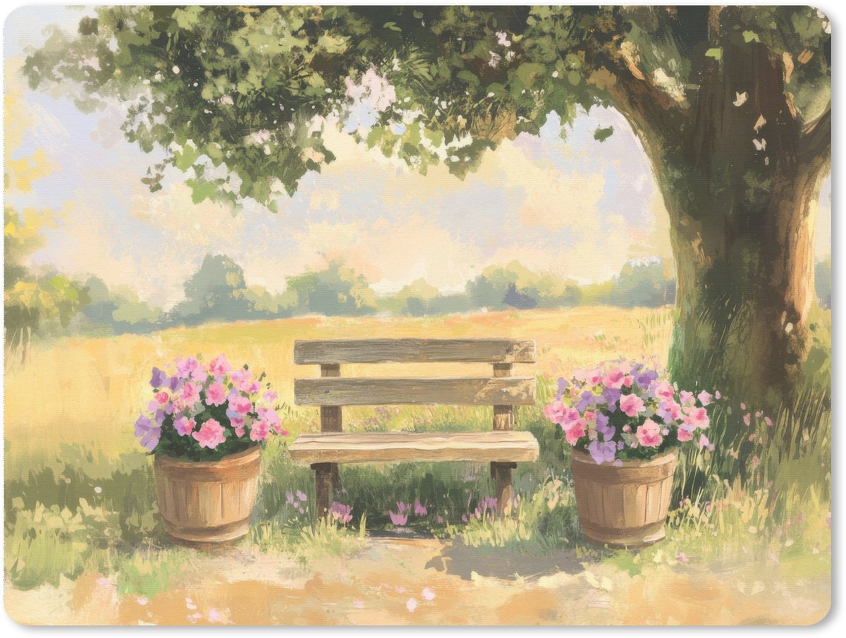 Muismat XXL 80x60 cm - Bureau onderlegger - Bureau mat Houten bankje - Bloempotten - Landschap - Bureaumat - Gaming mousepad xl - Bureaulegger groot - Computer deskmat