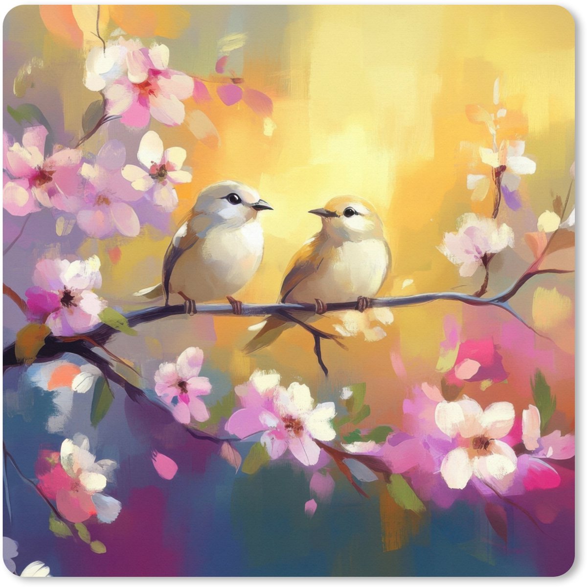 Muismat XXL 50x50 cm - Bureau onderlegger - Bureau mat Vogels - Bloemen - Roze - Bureaumat - Gaming mousepad xl - Bureaulegger groot - Computer deskmat