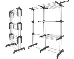 Droogrek - Wasrek - Wastoren - Dubbele H-Droogtoren op Wielen - 3-Tier - met 6 Inklapbare Vleugels - voor Binnen en Buiten - Grote Gezinnen - Uitschuifbaar - Lengte 73-140 x 50 x 170cm - Grijs