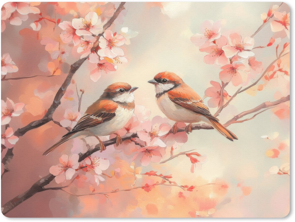 Muismat 23x19 cm - Mousepad Vogels - Romantic - Bloesemtak - Muismatten